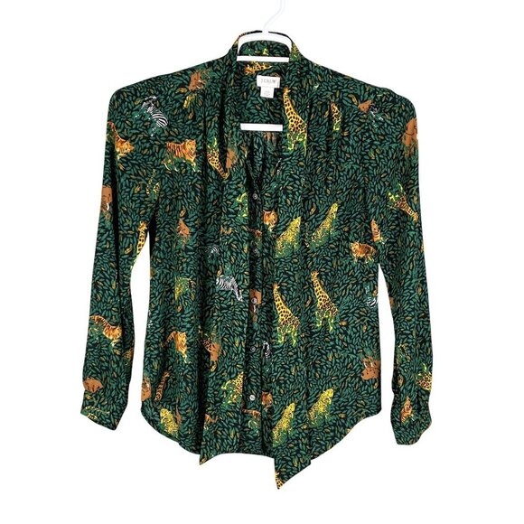 J.Crew Womens Green Jungle Print Long Sleeve Button Up Blouse Tie Neck XXS Artsy - Picture 8 of 15